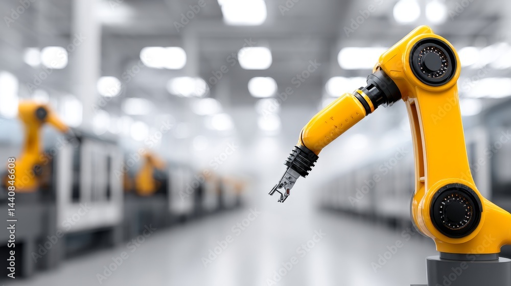 Poster industrial robotic arm automation - close-up of a yellow robotic arm in a modern factory setting, sh