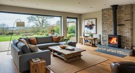 Sala de estar moderna con chimenea de leña y vistas al campo