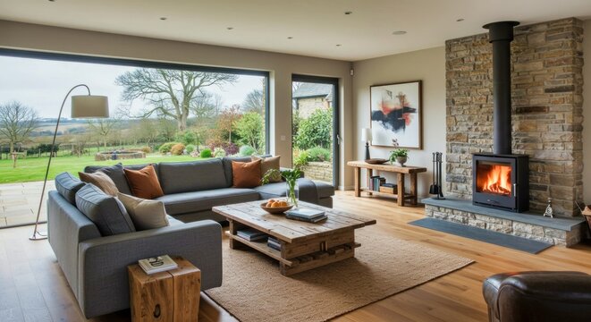 Sala de estar moderna con chimenea de le&ntilde;a y vistas al campo