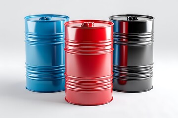 A set of industrial metal barrels in red, blue, and black, isolated on a diffrent collers or white background, representing storage or industrial settings.