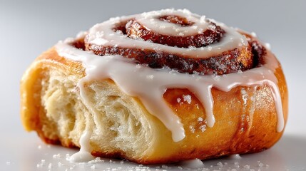 Fototapeta premium a close-up of a freshly made cinnamon roll with icing on a white isolated background, warm and aromatic design