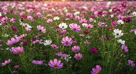 Obraz premium Blooming Cosmos Field at Sunset Pink and White Flowers