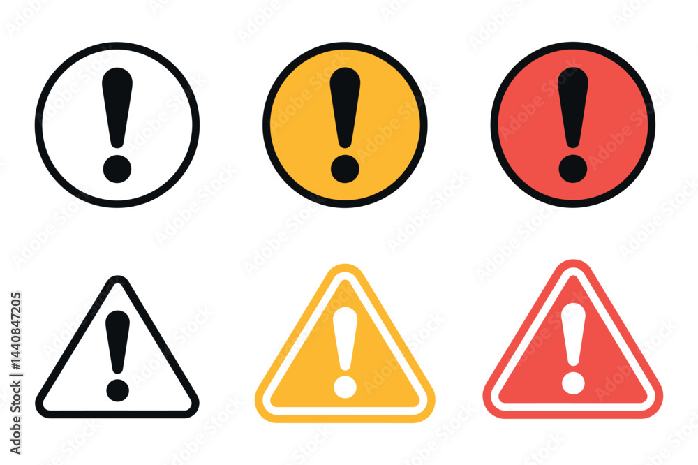 Poster exclamation point symbols vector set warning alert attention signs round and triangle shapes in vari