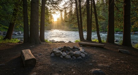 Forest campfire site by river at sunrise