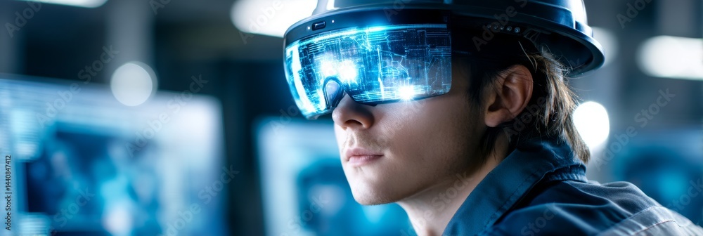 Poster industrial worker using augmented reality headset - a focused worker in a hard hat uses an augmented