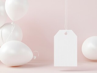 Simple white empty sale tag, ballons in background,