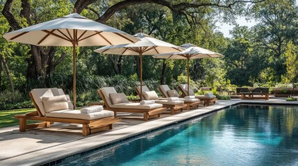Luxurious outdoor poolside patio area with chaise lounges and umbrellas