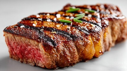 a close-up of a juicy, tender steak with grill marks on a white isolated background, savory and satisfying design