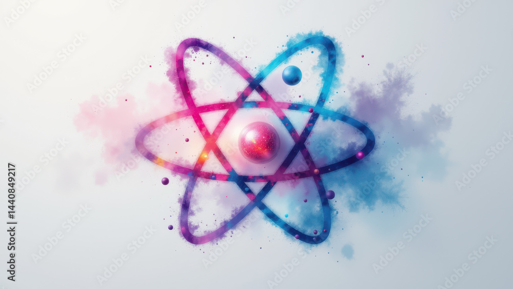 Poster a vibrant and artistic representation of an atomic structure with colorful energy waves emanating fr