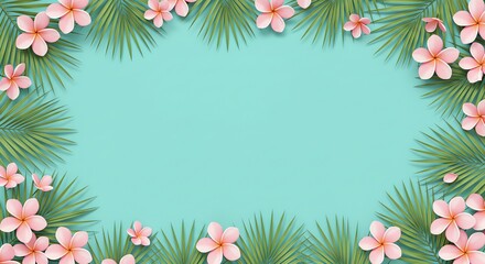 Fototapeta premium Tropical Flower Frame with Palm Leaves on Light Blue Background