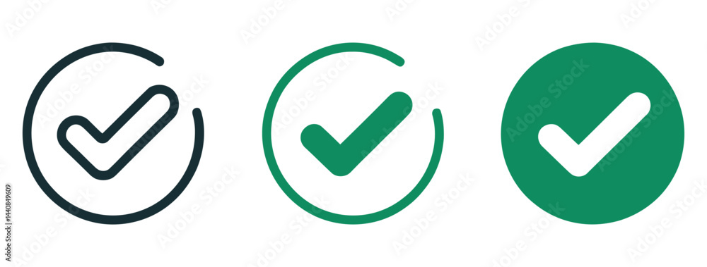 Poster check mark icons set in three different styles approval and agreement concept design elements