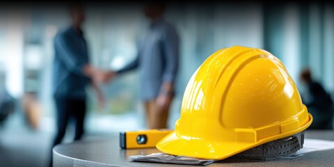 Safety meeting or project start.  Two people shaking hands, a safety helmet on a table