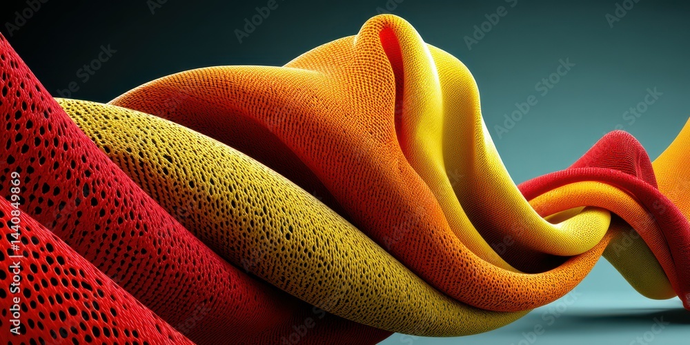 Poster abstract wave of colorful fabric flowing in a dynamic pattern with vibrant hues of red, orange, and 