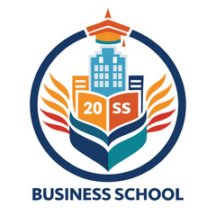 Fototapeta premium Professional vector logo design representing a business school, featuring an abstract building and dynamic elements symbolizing growth and knowledge, suitable for educational branding