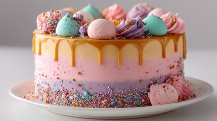 a beautifully decorated birthday cake with colorful icing and sprinkles on a white isolated background, festive and sweet design