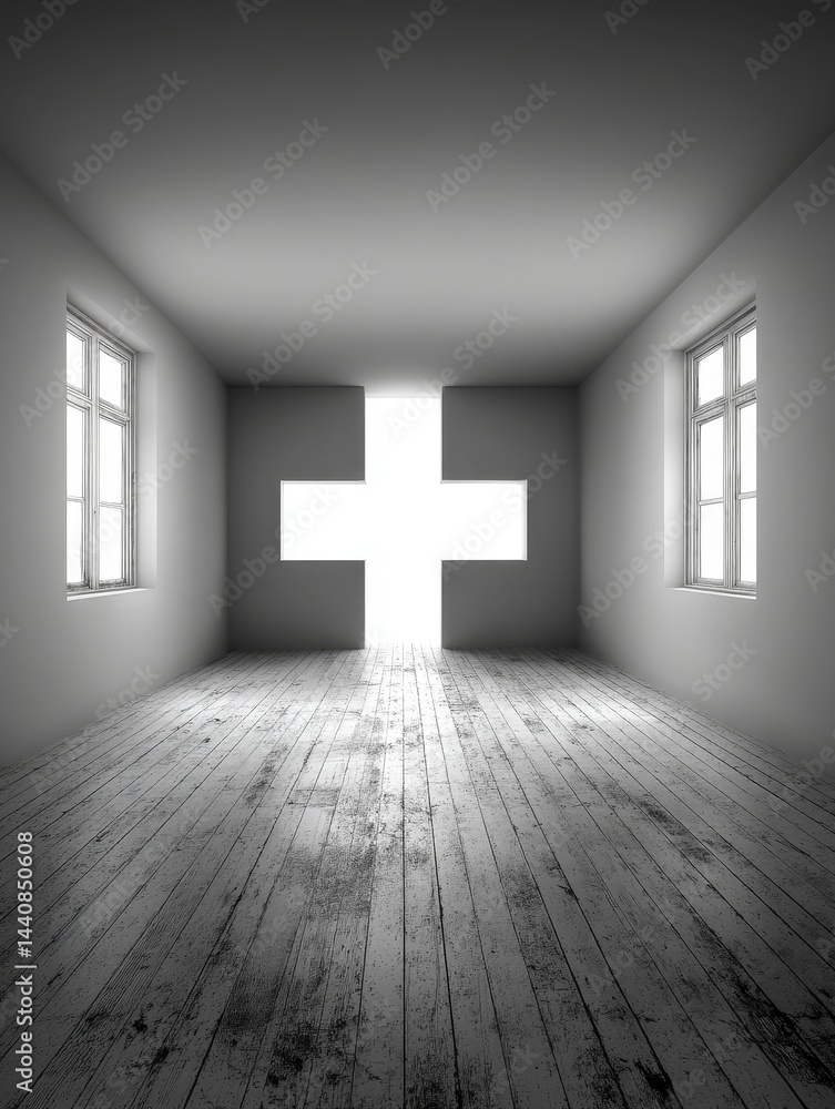 Poster light through the cross - a minimalist of an empty room with a large cross-shaped opening in the wal