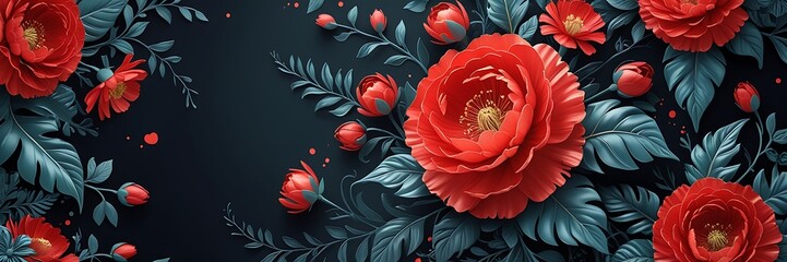 Vibrant floral digital artwork with blooming flowers and lush leaves on a dark, richly contrasting background, web banner.