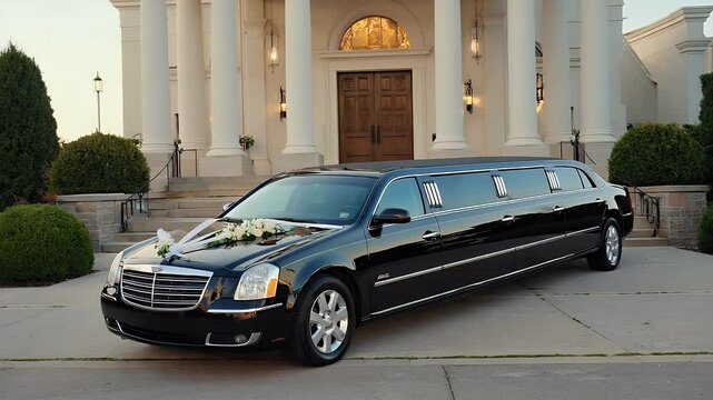 Black stretch limousine parked in front of a church.