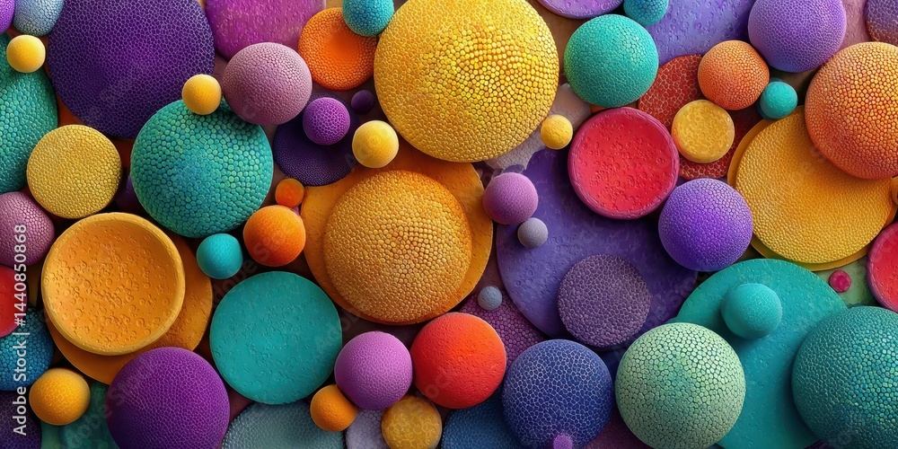 Poster colorful collection of textured spheres in various sizes and hues creating a vibrant abstract design