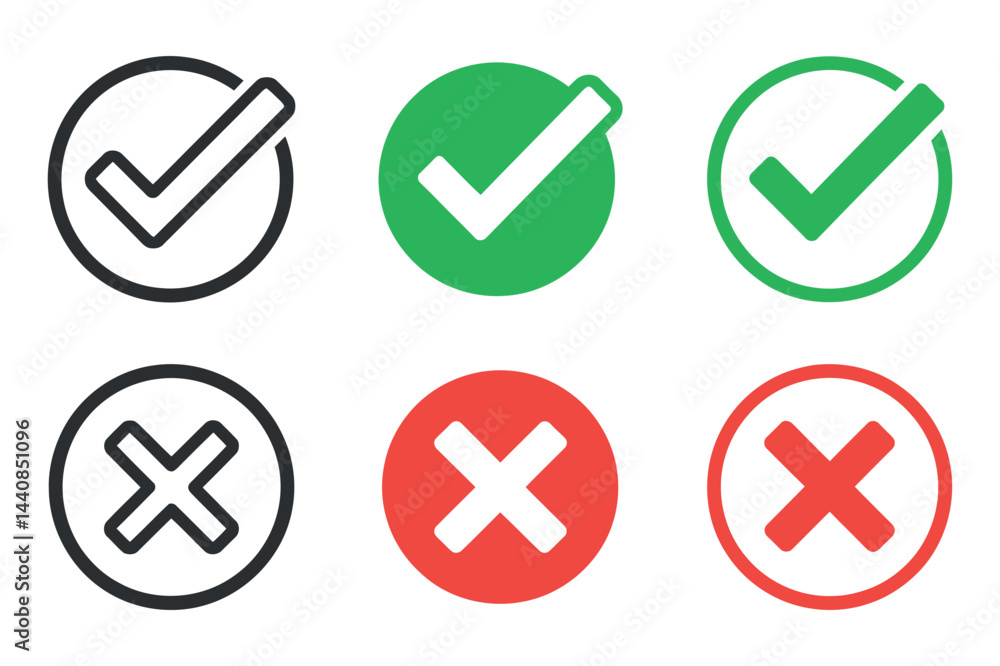 Poster Tick And Cross Symbol Set Accept And Reject Icons Vector Graphic Design Elements Simple Circle Buttons Isolated