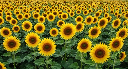 Sunflower Field Blooming with Yellow Flowers and Green Leaves