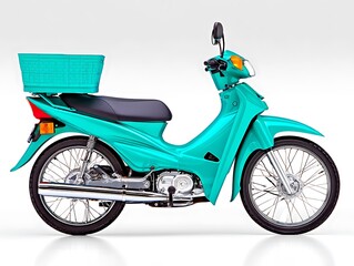 Obraz premium Teal scooter with basket, shown in profile against a white background
