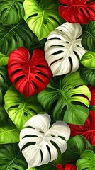 Fototapeta premium Lush, vibrant Monstera leaves in shades of green, red, and white, creating a tropical pattern