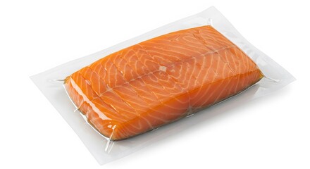 Fresh Salmon Fillet: A vibrant, fresh salmon fillet sealed in transparent packaging, ready for culinary use. showcasing its texture and color.