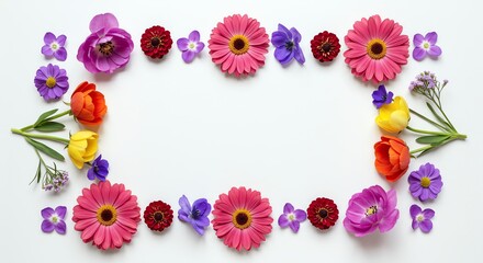 Floral Frame of Colorful Spring Flowers on White Background