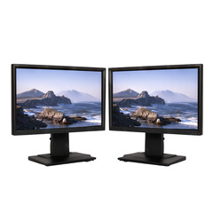Fototapeta premium Dual monitor setup for gaming and work with ocean view stock photo for graphic designers and editors
