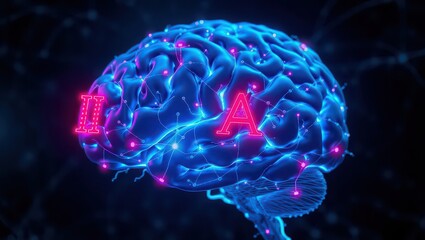 Fototapeta premium Illuminated blue brain with pink connections and letters ii and a on a dark background illustration