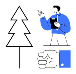 Man holding clipboard pointing outward, minimalist tree shape design, closed fist symbolizing strength, guidance, and organization. Ideal for leadership, growth, coaching, management planning