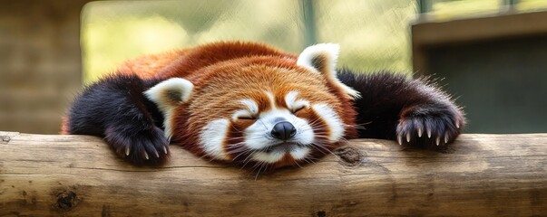 A relaxed red panda resting on a log.