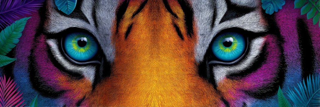 Majestic Bengal Tiger Portrait in Neon Jungle - Vibrant tiger eyes, symbolic of power, beauty, nature, wildness, and mystery. A stunning close-up showcasing its intense gaze