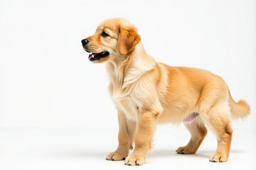 Golden Retriever puppy stands on white, looking left, small, fur, playful