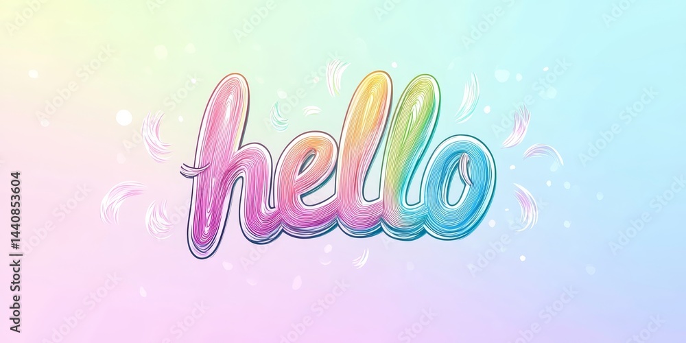 Poster colorful hand-lettered hello text on pastel gradient background with decorative elements