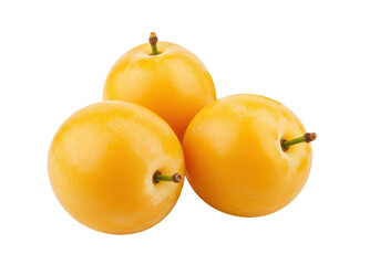 Three ripe yellow plums close up isolated on transparent background