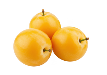 Three ripe yellow plums close up isolated on transparent background