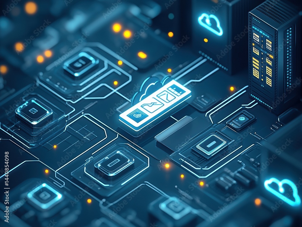 Fototapete A futuristic representation of a cloud computing system with various technological components and symbols.
