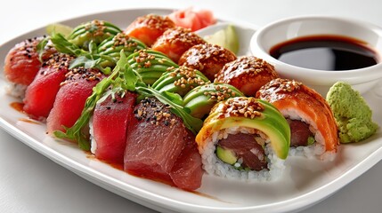 a beautifully arranged plate of assorted sushi rolls with salmon, tuna, and avocado on a white isolated background, fresh and elegant design