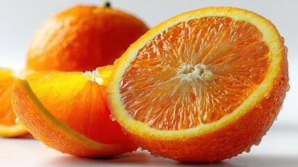 a fresh, juicy orange sliced in half showing the vibrant pulp on a white isolated background, tangy and fresh design
