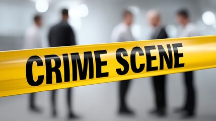 Yellow crime scene tape with blurred figures in background