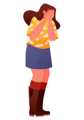 An extremely sad young girl is crying very loudly and bitterly, hiding her face in tears and covering it with her palms and hands. The character is full-length, the entire figure reflects despair.