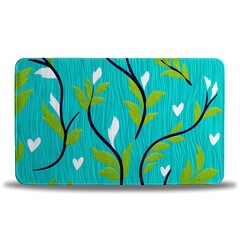 Teal mat with green leaves, white flowers, and hearts