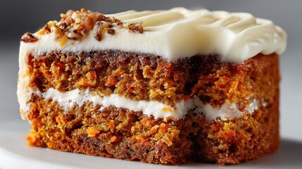a close-up of a slice of fluffy carrot cake with cream cheese frosting on a white isolated background, sweet and indulgent design