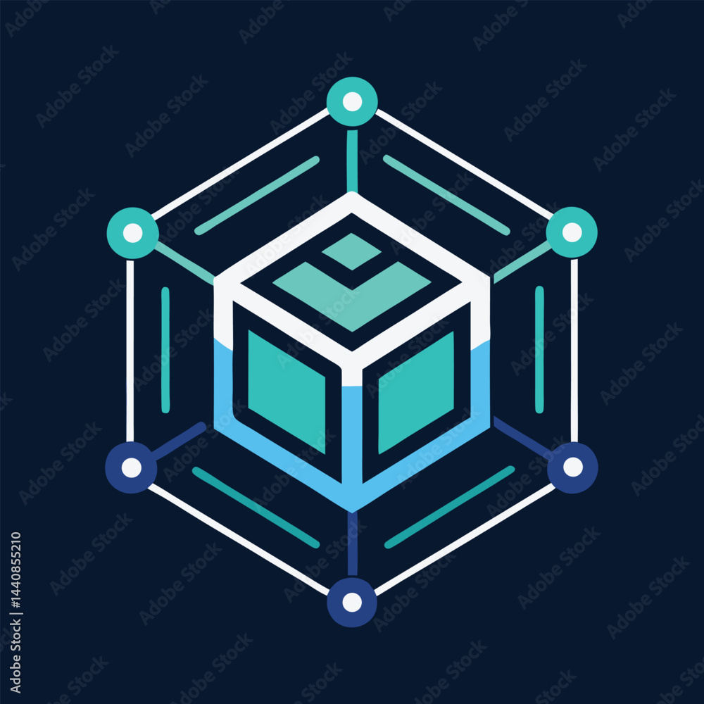 Poster abstract minimalist logo representing a blockchain supply chain concept with geometric shapes and vi