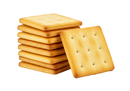 Stack of square crackers with one leaning on the side isolated on transparent background