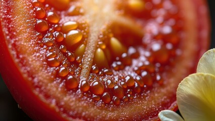 Close-up of fresh juicy tomato slice with seeds and petals in natural light
