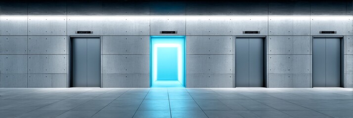 Obraz premium Modern Elevator Bank with Glowing Portal - Contemporary architecture, futuristic elevator, glowing blue entrance, opportunity, choice. Symbolizes progress, innovation, potential, and a new beginning