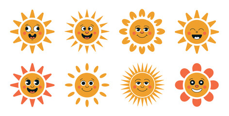 Cheerful Cartoon Sun Collection With Cute Facial Expressions On White Background Depicting Summer Season